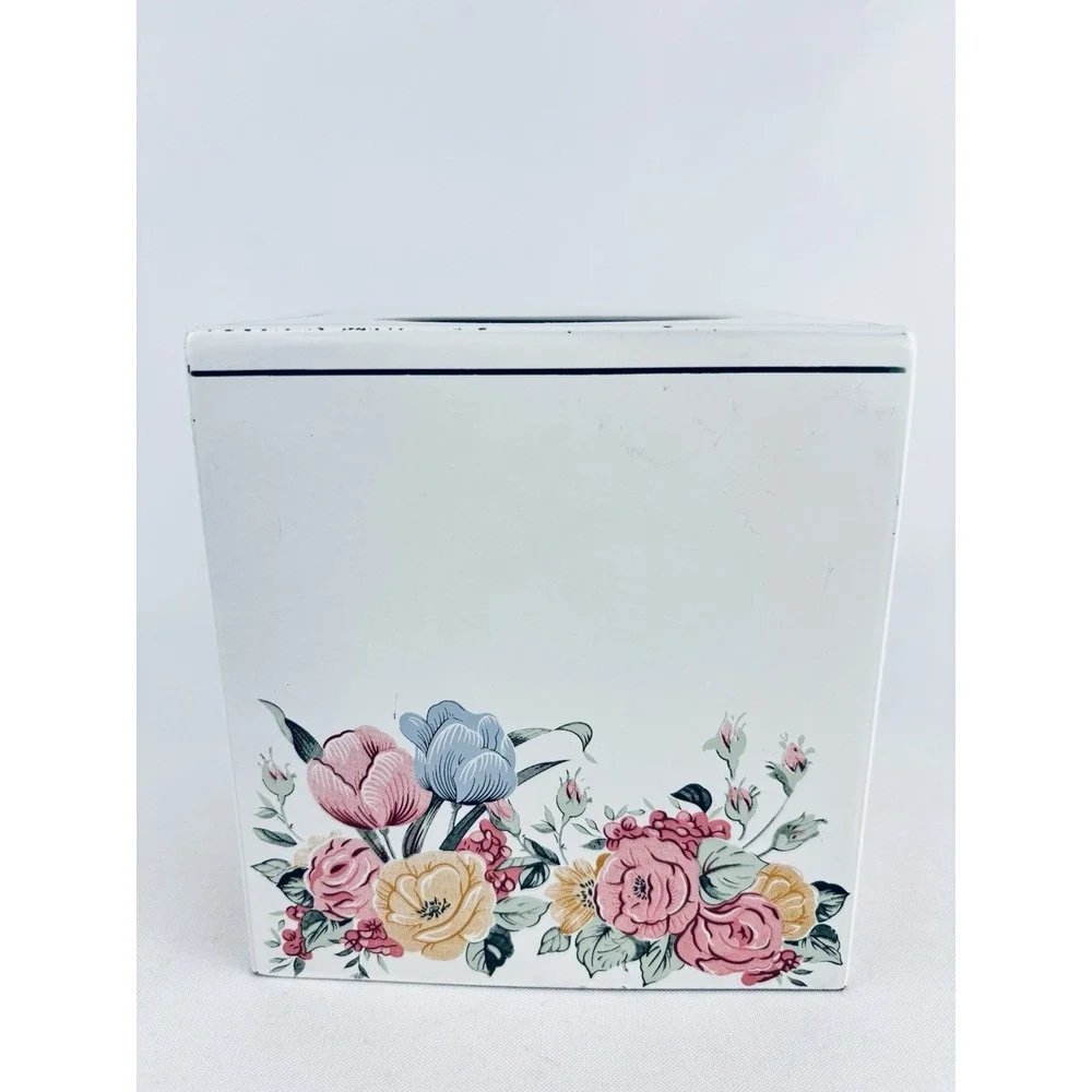 Andre Richard Floral Flowers Square Metal Tissue Box Vintage Retro Cottagecore
